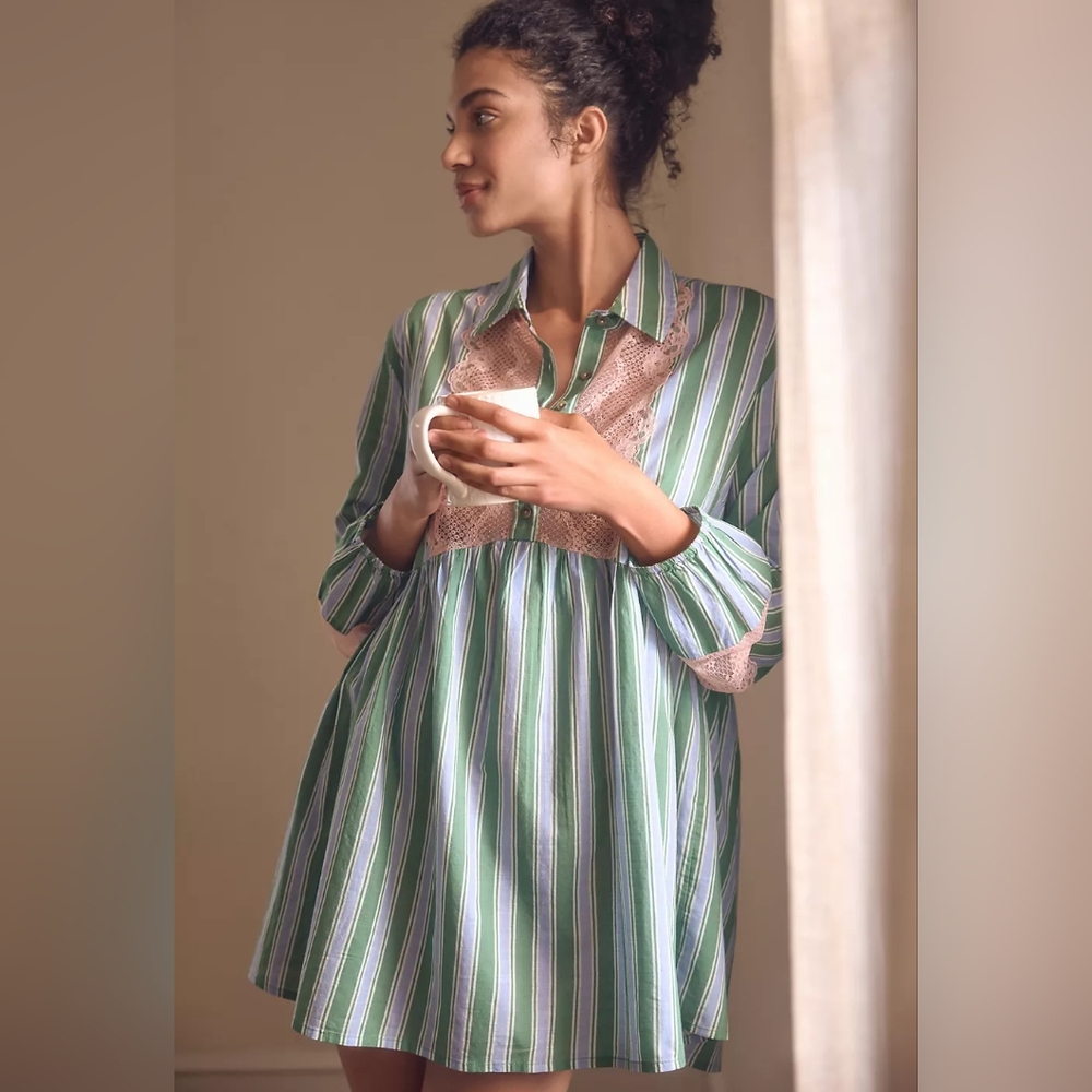 By Anthropologie Long-Sleeve Lace-Inset Swing Mini Dress